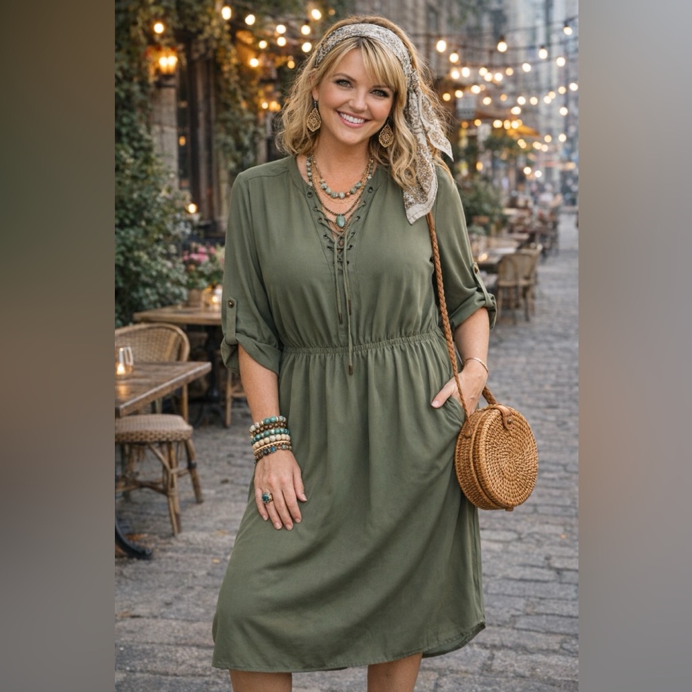 Mossimo Olive Green Lace-Up Midi Dress Size XL – Roll Tab Sleeve Polyester
